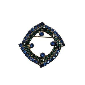 Vintage Blue Green Rhinestone Abstract Brooch Pin